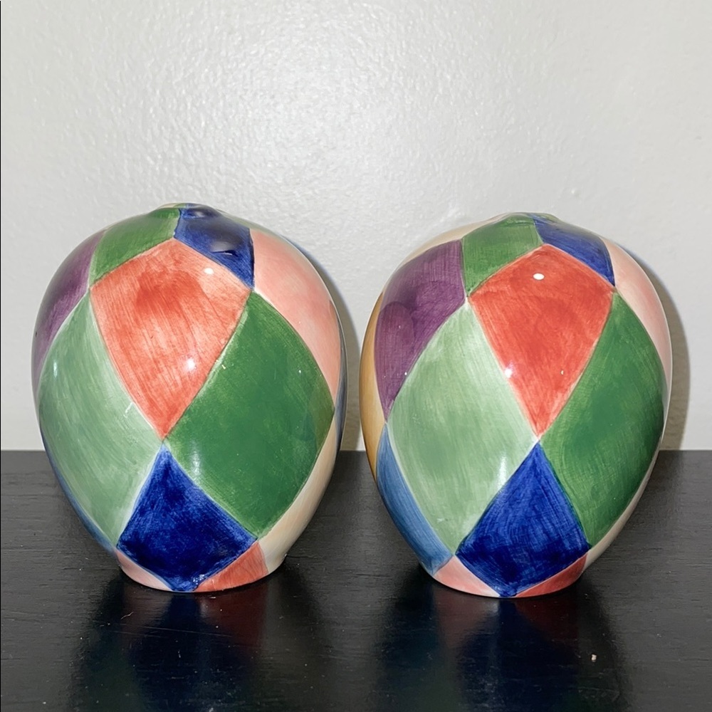 Tabletops Unlimited Carnival hand-painted ceramic salt & pepper shakers.